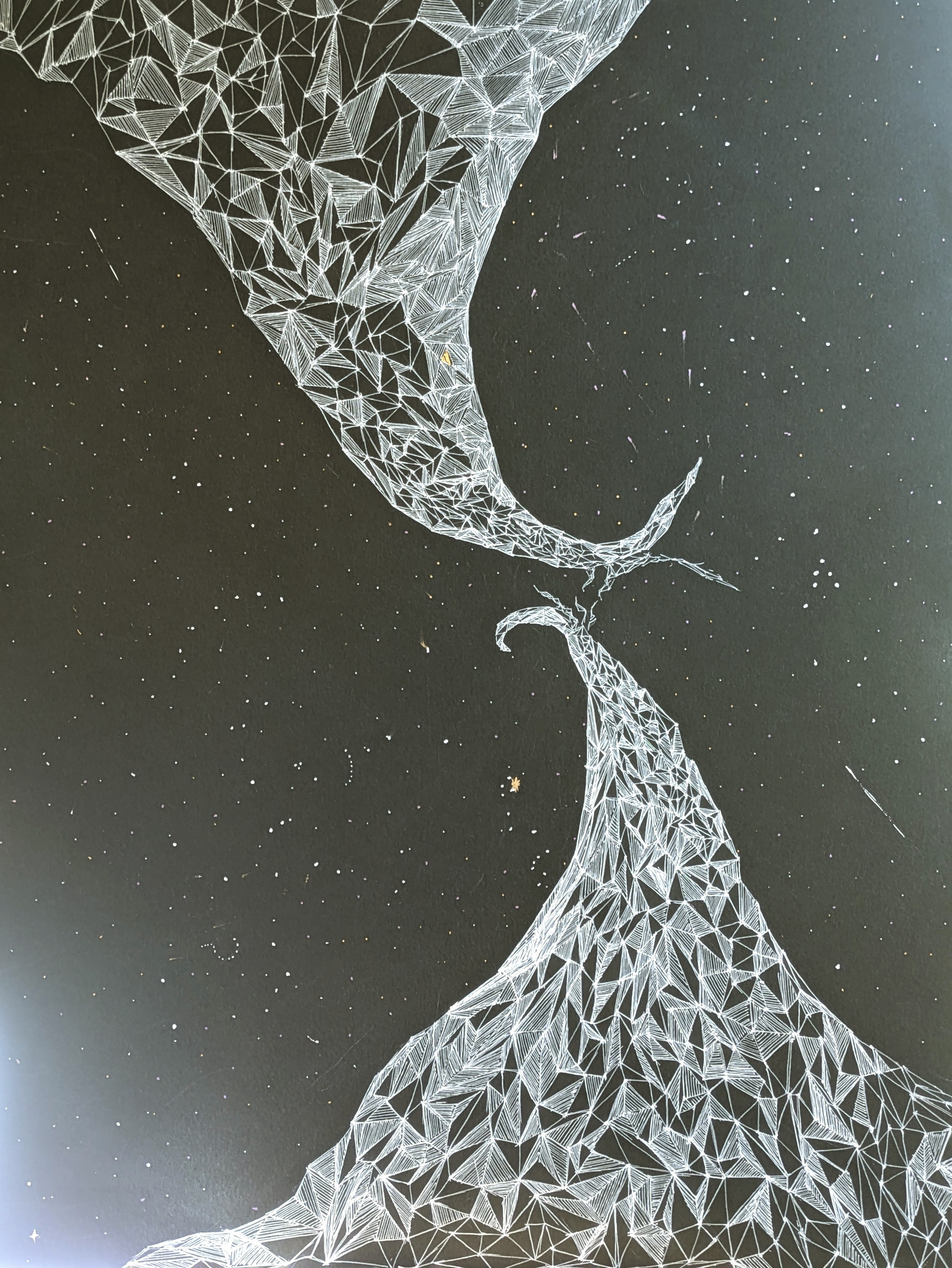 Two crystalline forms reaching toward each other across a starfield. White ink on black paper.